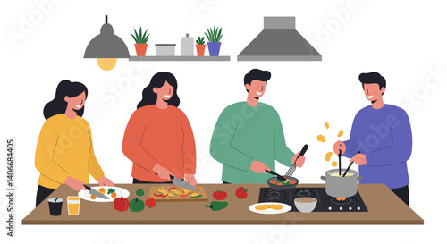 Flat Illustration Vector People Cooking Together in Kitchen Preparing Food