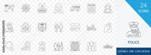 Police outline icon set. containing  police, thief,  handcuffs,  jail,  arrest and more stroke icon design 