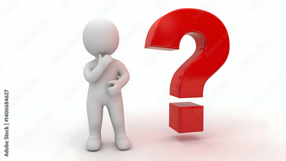 Human Figure Contemplating a Large Red Question Mark on a White Background Human Figure Contemplating a Large Red Question Mark on a White Background