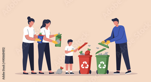 Flat Illustration Vector Family Sorting Waste into Recycling Bins Together Illustration