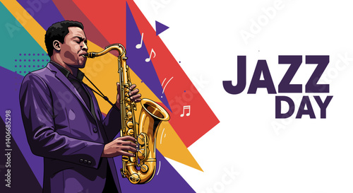 Jazz Musician Playing Saxophone Against Colorful Background  