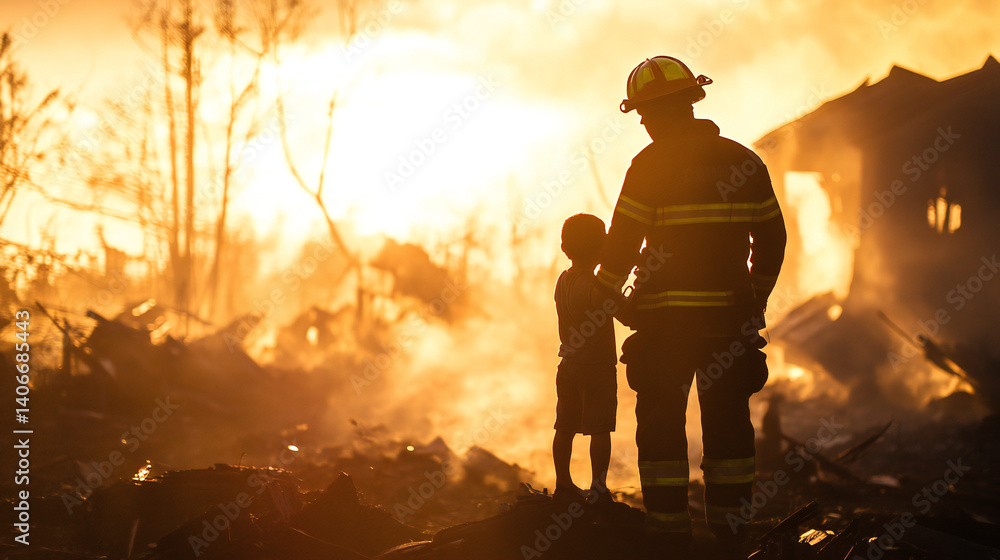 Fototapeta premium Firefighter Consoles Child Amidst Burning House at Sunset