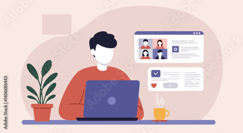 Flat Illustration Vector Person Using Laptop for Video Conference at Home