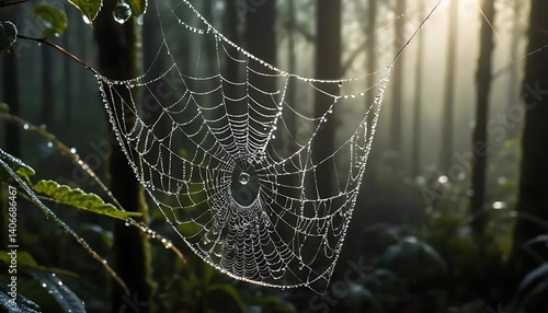 Spiderweb covered in dew drops in a forest with sunlight shining through