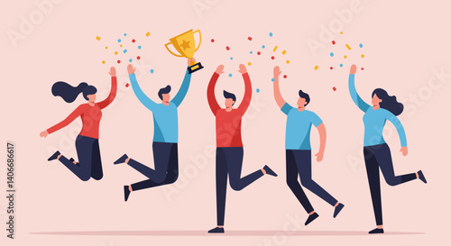 Flat Illustration Vector Celebrating Team Holding Trophy and Jumping with Joy