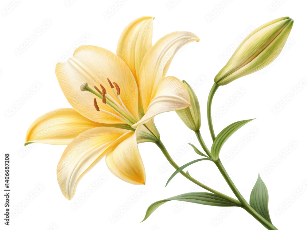 Obraz premium beautiful lily flower in soft yellow hues showcases delicate petals and vibrant green leaves, symbolizing elegance and grace