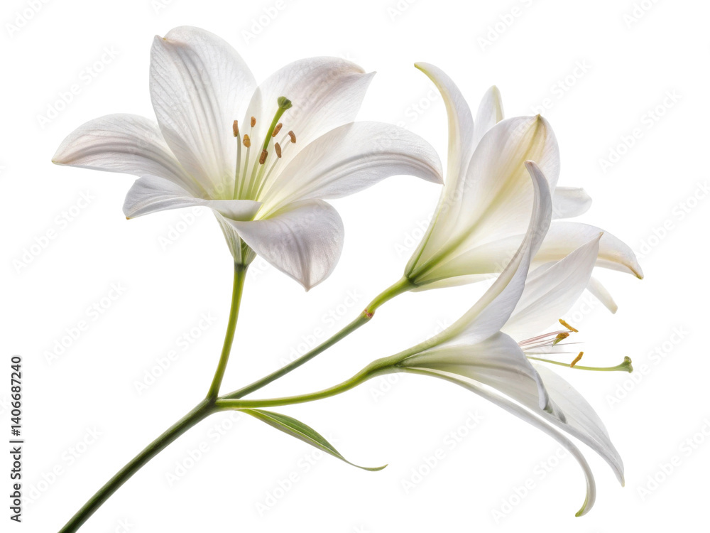 Beautiful white lilies bloom gracefully, showcasing their delicate petals and vibrant green stems, embodying elegance and tranquility Beautiful white lilies bloom gracefully, showcasing their delicate petals and vibrant green stems, embodying elegance and tranquility