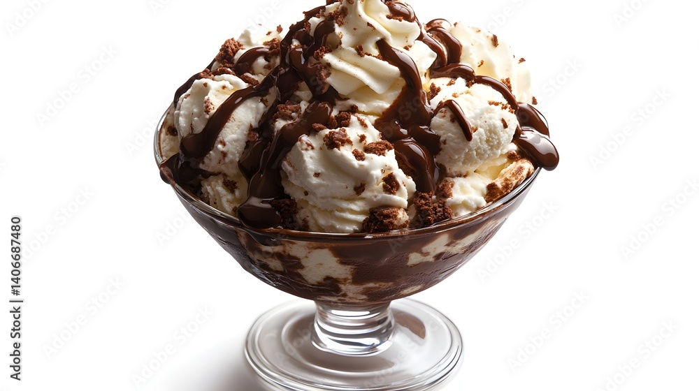 A decadent chocolate dessert sundae features creamy whipped topping, rich chocolate sauce, and crumbled cookie pieces in a clear glass bowl. A decadent chocolate dessert sundae features creamy whipped topping, rich chocolate sauce, and crumbled cookie pieces in a clear glass bowl.