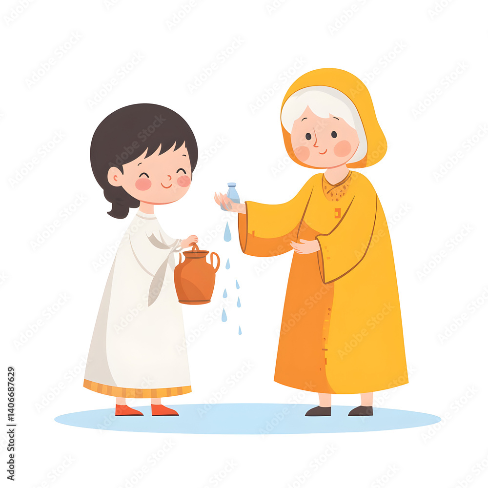 Young Person Receiving Water From Older Person In Bright Yellow Raincoat With Cheerful Expressions Young Person Receiving Water From Older Person In Bright Yellow Raincoat With Cheerful Expressions