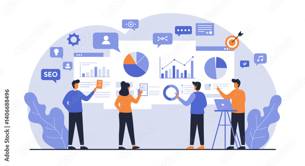 Flat Illustration Vector Team Analyzing Data Charts and Graphs on Presentation Board Flat Illustration Vector Team Analyzing Data Charts and Graphs on Presentation Board
