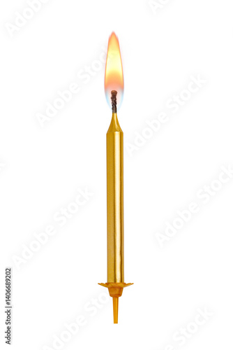 Quadro su tela One gold burning birthday candle isolated. Transparent PNG image.