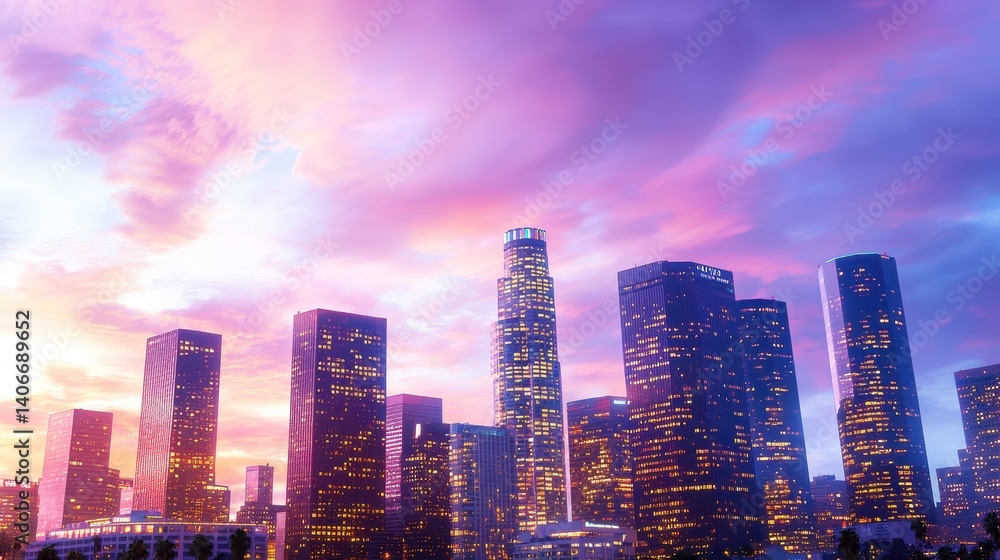 Obraz premium A panoramic city skyline at dusk, with skyscrapers glowing from interior lights and a soft, colorful sky above.