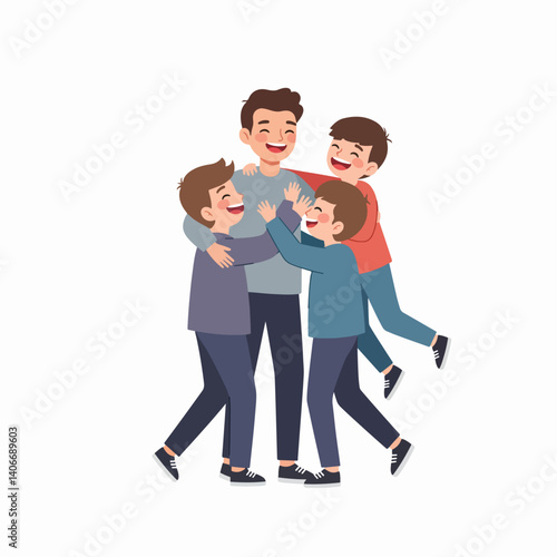 A teenager playing with siblings, laughing joyfully – style flat design, simple, minimalist, plain white background