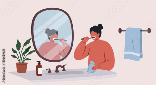Flat Illustration Vector Woman Brushing Teeth in Bathroom Routine Illustration
