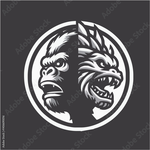 circular emblem, split design, gorilla face, eagle head, black and white, high contrast, tribal style, fierce expressions, symmetrical composition, iconic logo, monochrome illustration, bold graphic, 