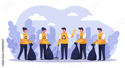 Flat Illustration Vector Group Collecting Trash Outdoors for Environmental Cleanup