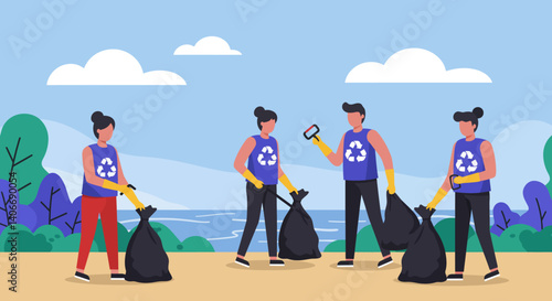 Flat Illustration Vector People Picking Up Trash on Beach Illustration for Environmental Awareness