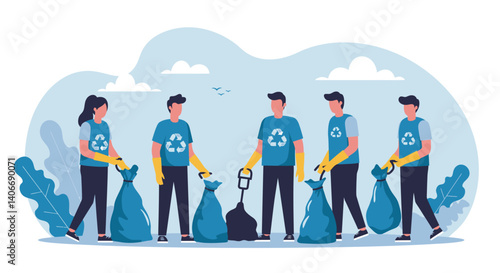 Flat Illustration Vector People Volunteering Picking Up Trash with Bags and Tools