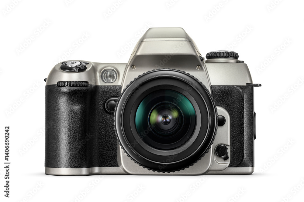 SLR film photo camera isolated. Silver and black plastic color, front view. Transparent PNG image. SLR film photo camera isolated. Silver and black plastic color, front view. Transparent PNG image.
