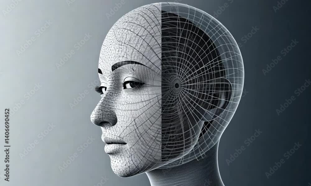 Abstract representation of human profile with wireframe structure showing concept of technology and creativity