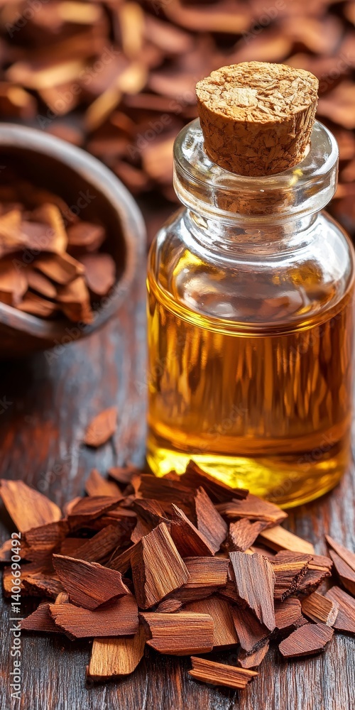 Sandalwood Essential Oil in a Glass Bottle on Wooden Table, Surrounded by Sandalwood Chips