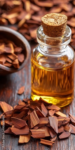 Obraz na płótnie Sandalwood Essential Oil in a Glass Bottle on Wooden Table, Surrounded by Sandalwood Chips w salonie