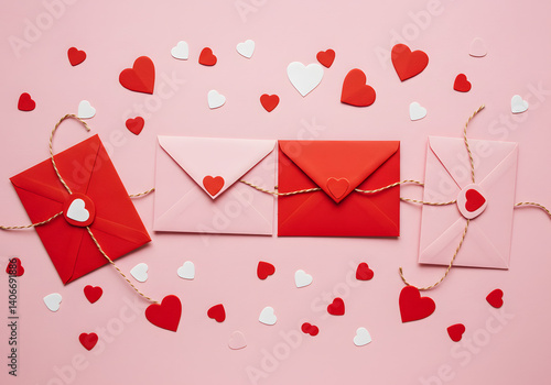 Red and white envelopes with heart decorations on a pastel pink background evoke a romantic valentines day theme