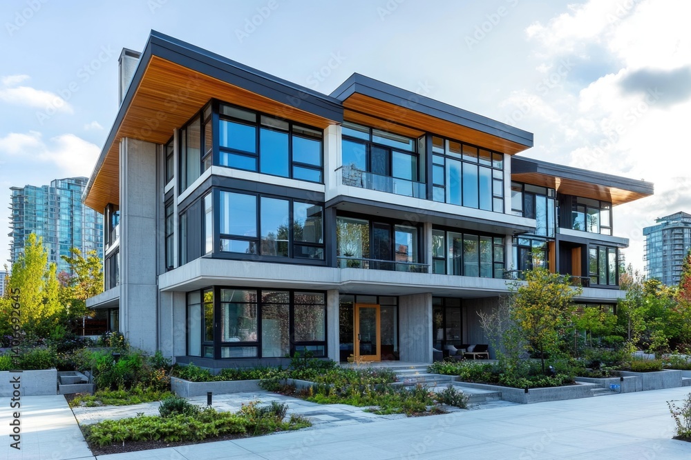 Modern concrete and wood townhouses with large windows and landscaped courtyard. Modern concrete and wood townhouses with large windows and landscaped courtyard.