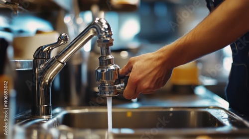 Wallpaper Mural Plumber fixing a sink leak in a restaurant kitchen. Featuring plumbing repairs and maintenance Torontodigital.ca