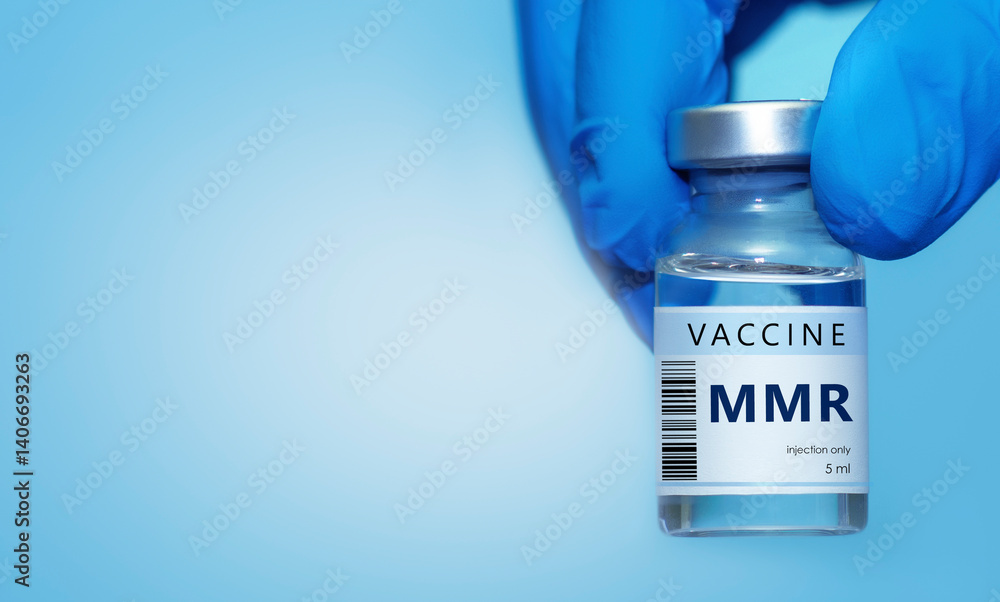 Doctor wearing protective gloves holding a bottle of MMR vaccine for measles, mumps, and rubella, used for immunizing children and adolescents. Concept of medicine, healthcare, vaccination awareness