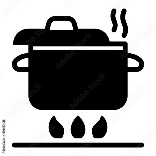 Pot on fire solid icon, cooking concept. Vector graphics. Kitchen pot sign on white background, glyph style mobile or design.