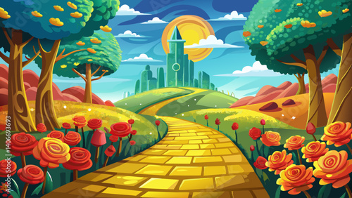 Enchanted yellow brick road leading to the magical emerald city in autmmn season with beautiful roses