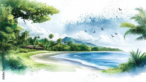 A watercolor illustration of Costa Ricaâ€™s map with lush greens and ocean blues, depicting the vibrant landscape and natural beauty.