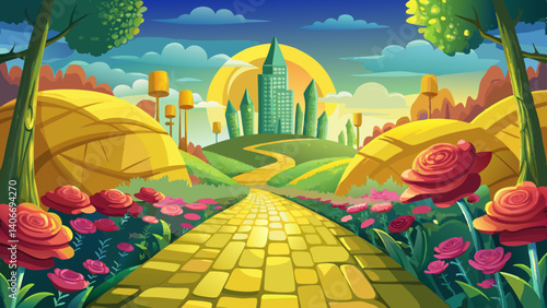 Enchanted yellow brick road leading to the magical emerald city in autmmn season with beautiful roses