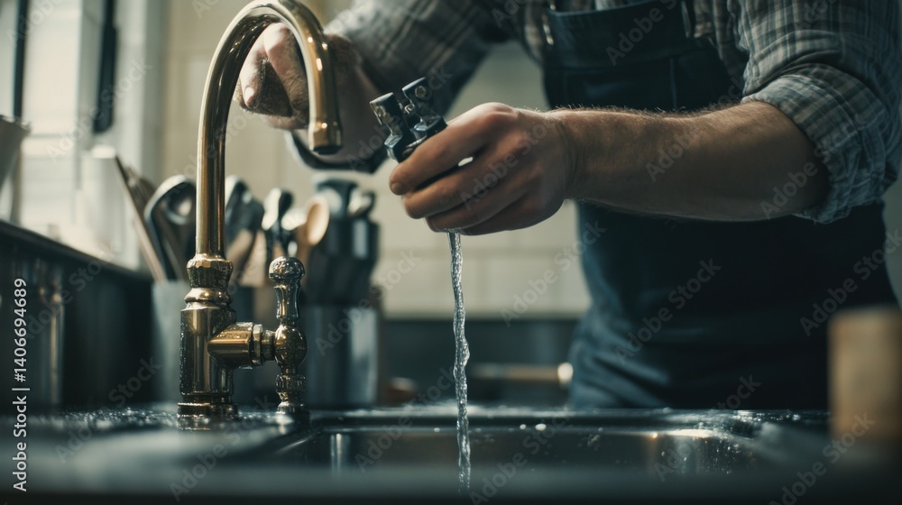 Naklejka premium Plumber installing a faucet in a newly renovated kitchen. Featuring plumbing installation