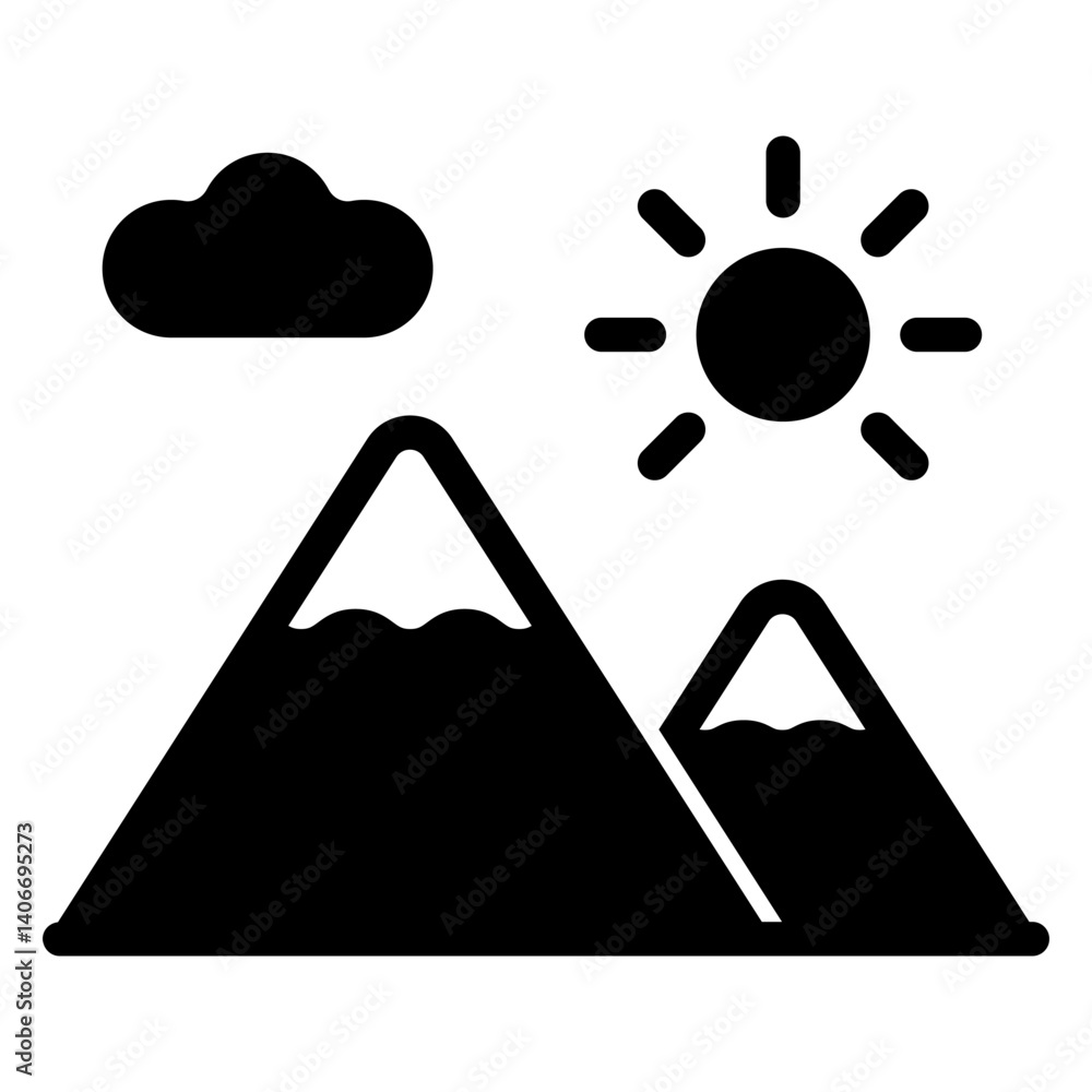 Mountains, sun and cloud solid icon, travelling concept. Vector graphics. Moutain landscape sign on white background, glyph style mobile or design. Mountains, sun and cloud solid icon, travelling concept. Vector graphics. Moutain landscape sign on white background, glyph style mobile or design.