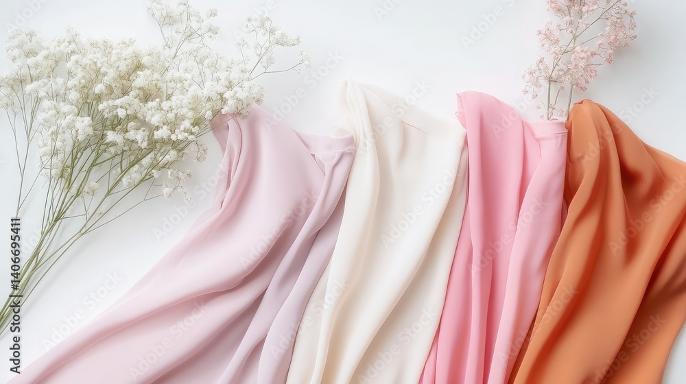 Soft focus flat lay of spring blouses, pastel tones and flowy fabrics creating a calm and graceful vibe Soft focus flat lay of spring blouses, pastel tones and flowy fabrics creating a calm and graceful vibe