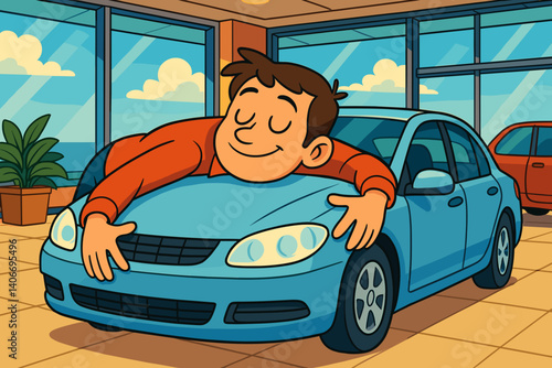 Man happily embracing a car in a showroom  