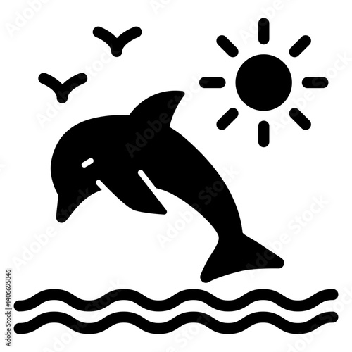 Dolphin jump out of water solid icon, eco tourism concept. Vector graphics. Sunny sea with dolphin sign on white background, glyph style mobile or design.