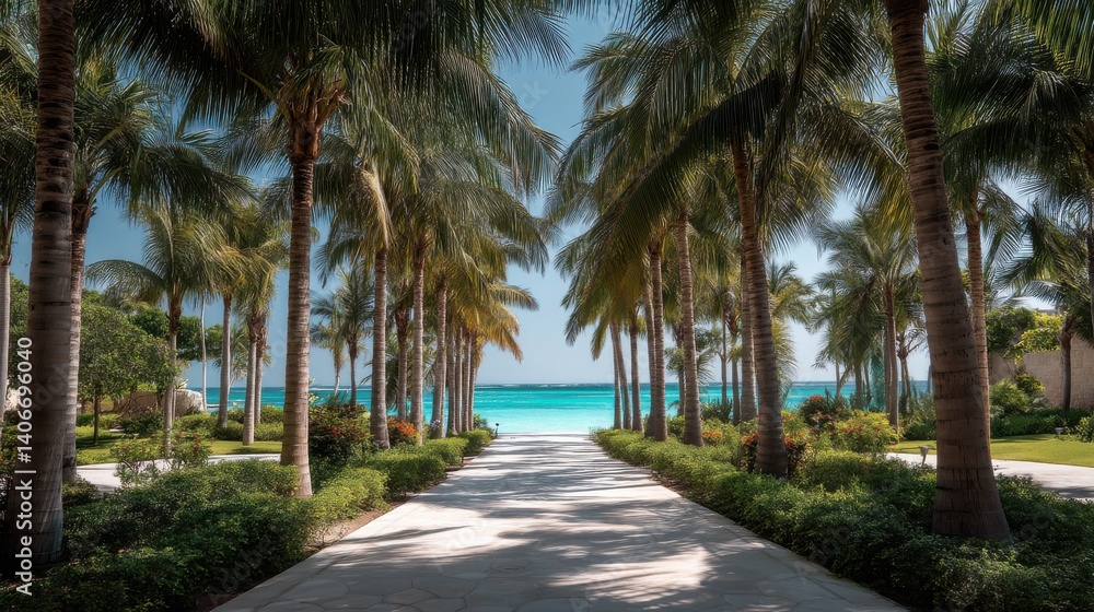 A scenic pathway flanked by tall palm trees leads directly to an inviting beach with vibrant turquoise waters. Bright sunlight shines down, creating a tropical ambiance perfect for relaxation A scenic pathway flanked by tall palm trees leads directly to an inviting beach with vibrant turquoise waters. Bright sunlight shines down, creating a tropical ambiance perfect for relaxation