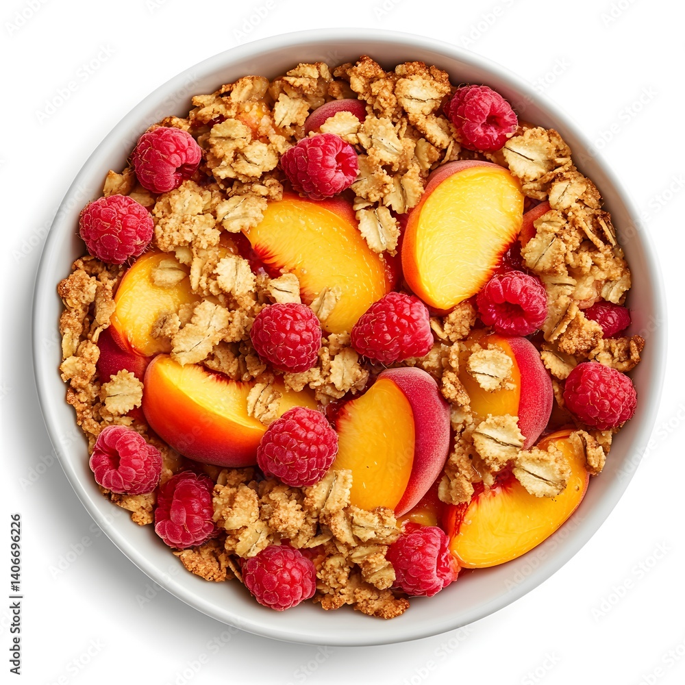 Fototapeta premium A healthy and delicious breakfast bowl filled with granola, fresh peaches, and raspberries in a light gray bowl.
