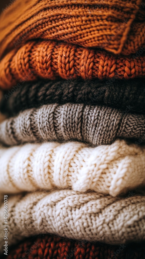 Fototapeta premium cozy stack of knitted sweaters in brown, gray, white, and orange concept of warmth and comfort