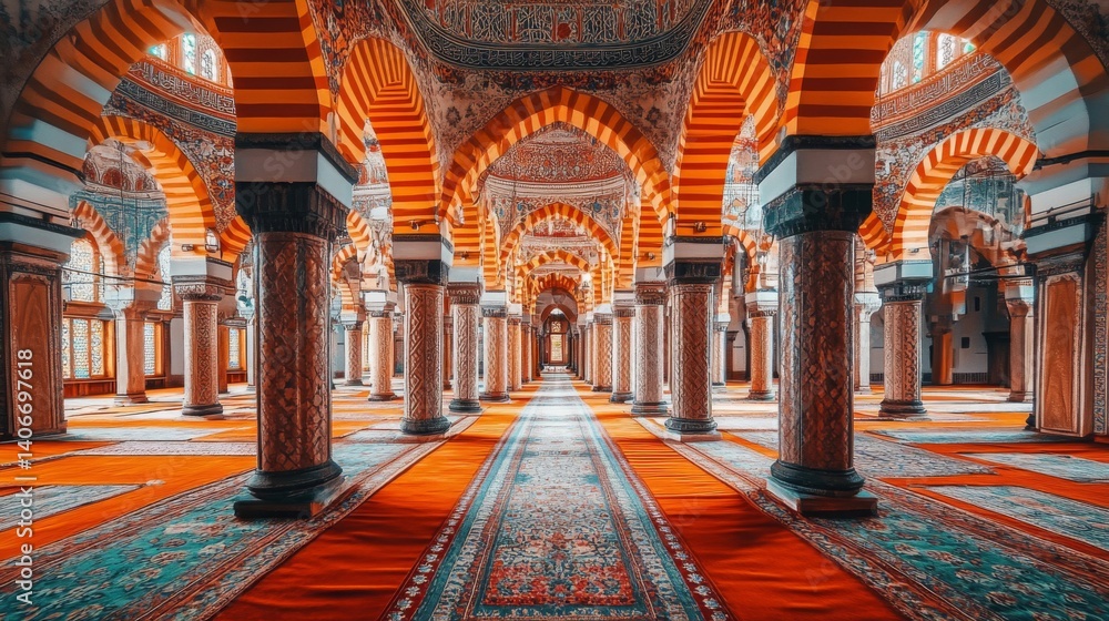 Obraz premium Ornate Mosque Interior with Red and Orange Arches