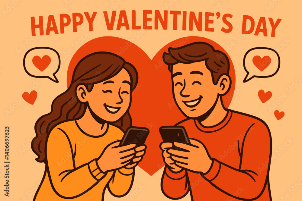 Fototapeta premium Valentine’s Day couple sharing smiles while texting on smartphones 
