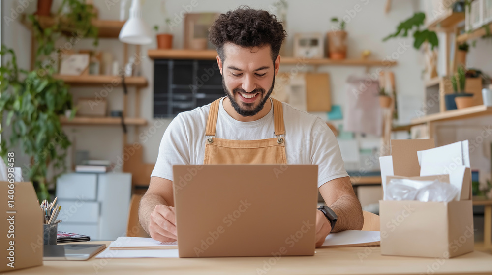 Young entrepreneur packing orders for online store. Young entrepreneur packing orders for online store.