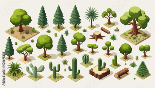 Isometric tree set. Big and small trees, pine, shrubs, felled trees, cacti, palms. Vector illustration