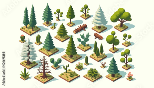 Isometric tree set. Big and small trees, pine, shrubs, felled trees, cacti, palms. Vector illustration
