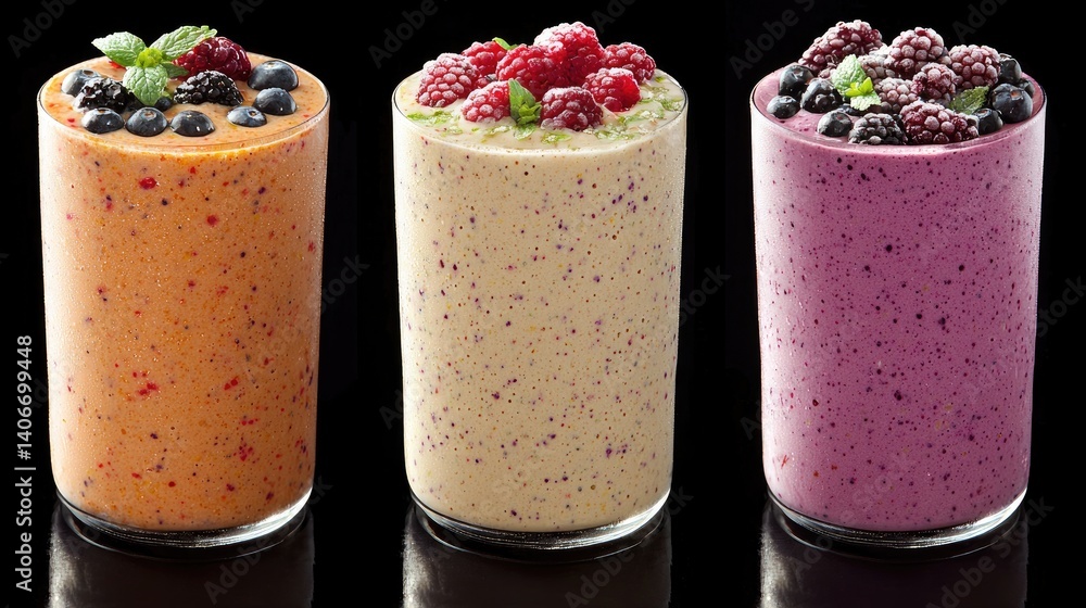 Three delicious smoothies peach raspberry and berry refreshing drinks Three delicious smoothies peach raspberry and berry refreshing drinks
