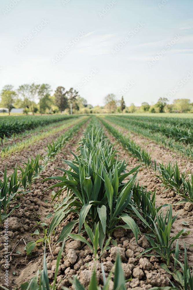 Fototapeta premium Crop field with green plants growing in rows under a bright sky on a sunny day