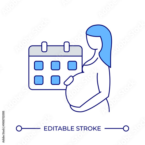 Pregnant woman with calendar line color icon. Child birth expectation. Prenatal care for mother health support. Isolated vector illustration. Flat colorful symbol design. Editable stroke